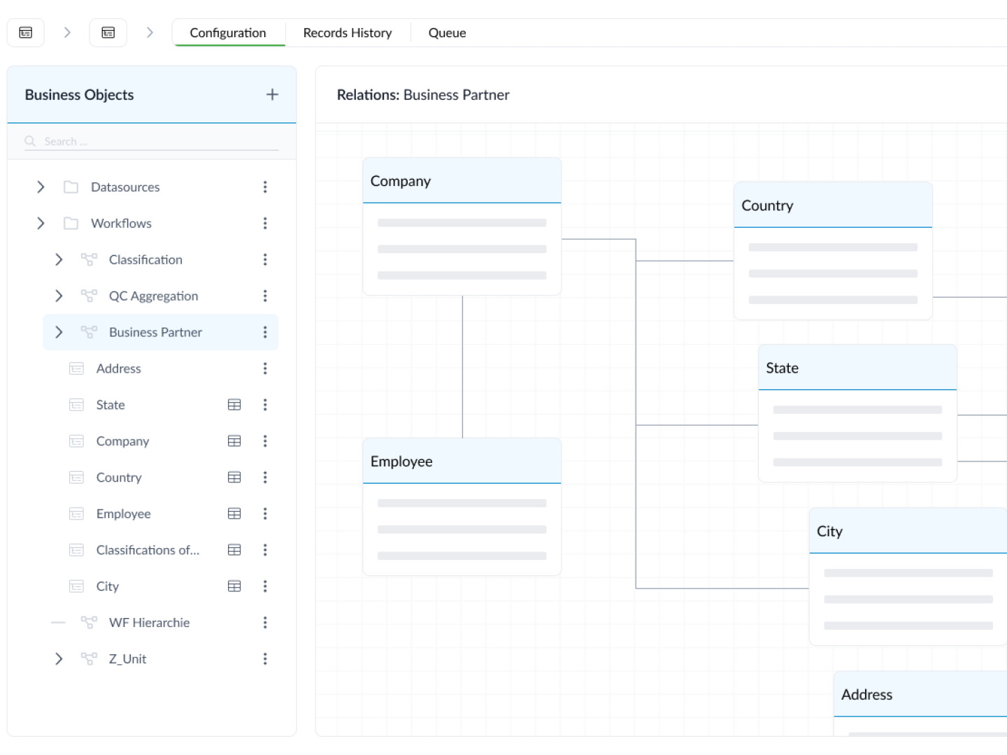 Das Bild zeigt die Übersicht von Geschäftsobjekten (Business Objects) in einer linken Tabelle und davon rechts dieRelationen innerhalb der Geschäftsobjekte in DATAROCKET Core