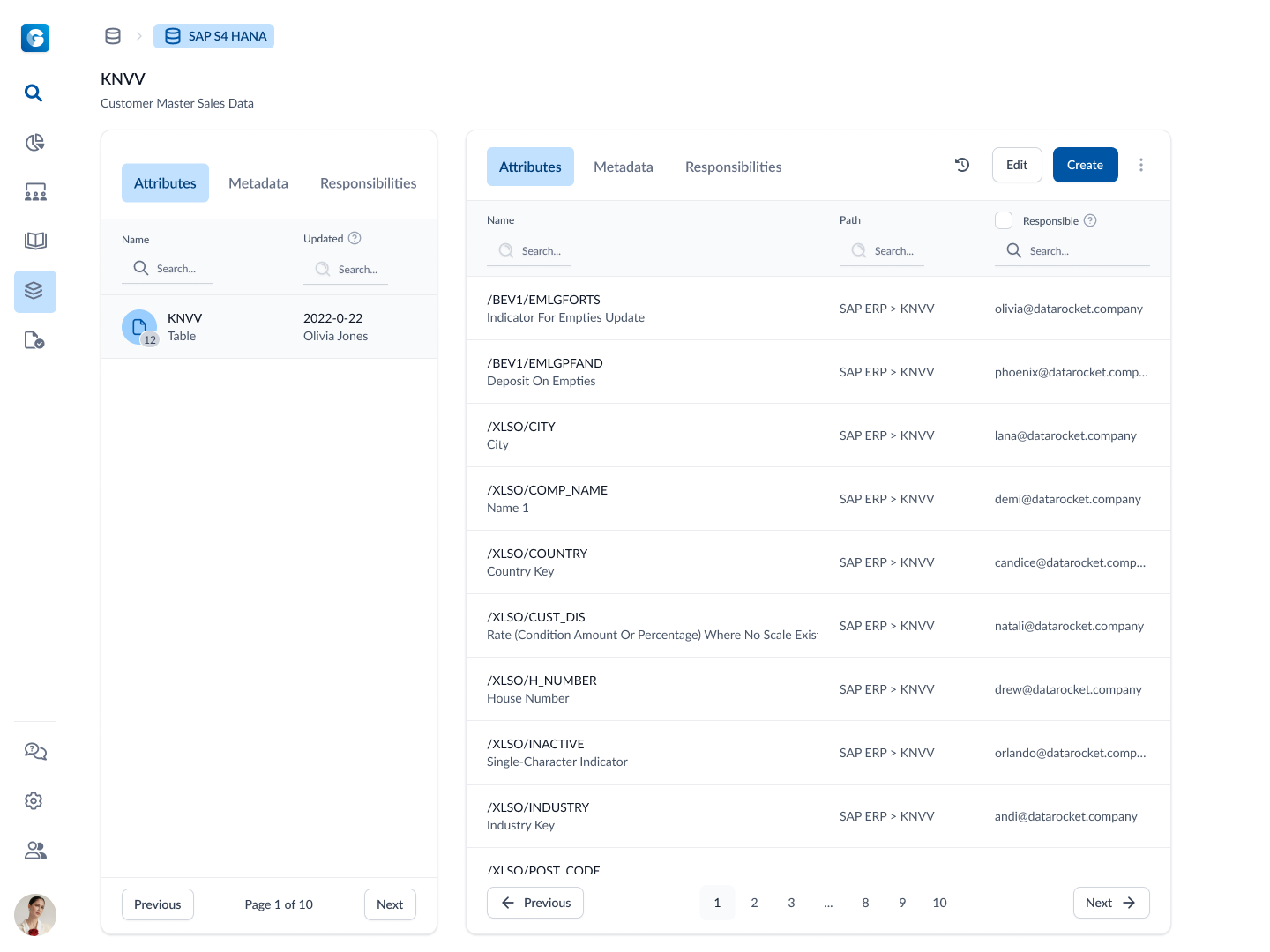 Das Bild zeigt zwei Tabellen nebeneinander in DATAROCKET Guide: in der linken Tabelle sind Systemstrukturen aus einem IT-System dargestellt (SAP Tabellen). In der rechten Tabelle sind alle Felder aus der SAP-Tabelle abgebildet.